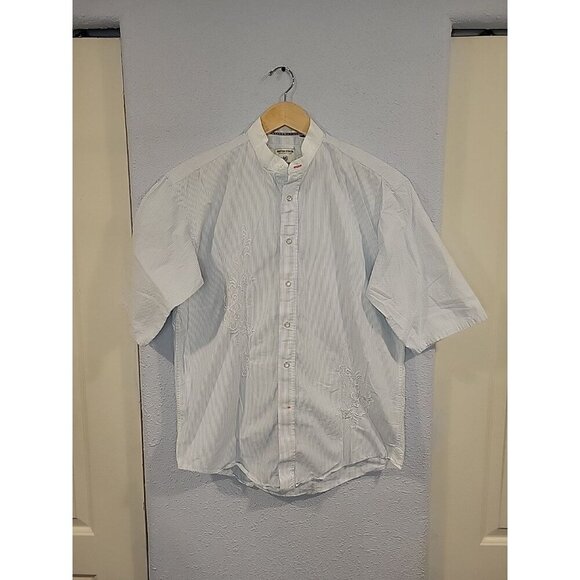 Rough Stock Panhandle Slim Pearl Snap Shirt Size M Blue Pinstripe Embroidery - Picture 1 of 9